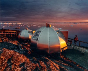 Viewing the sunset and icebergs from the Igloo Rooms, Hotel Arctic, Ilulissat, Greenland